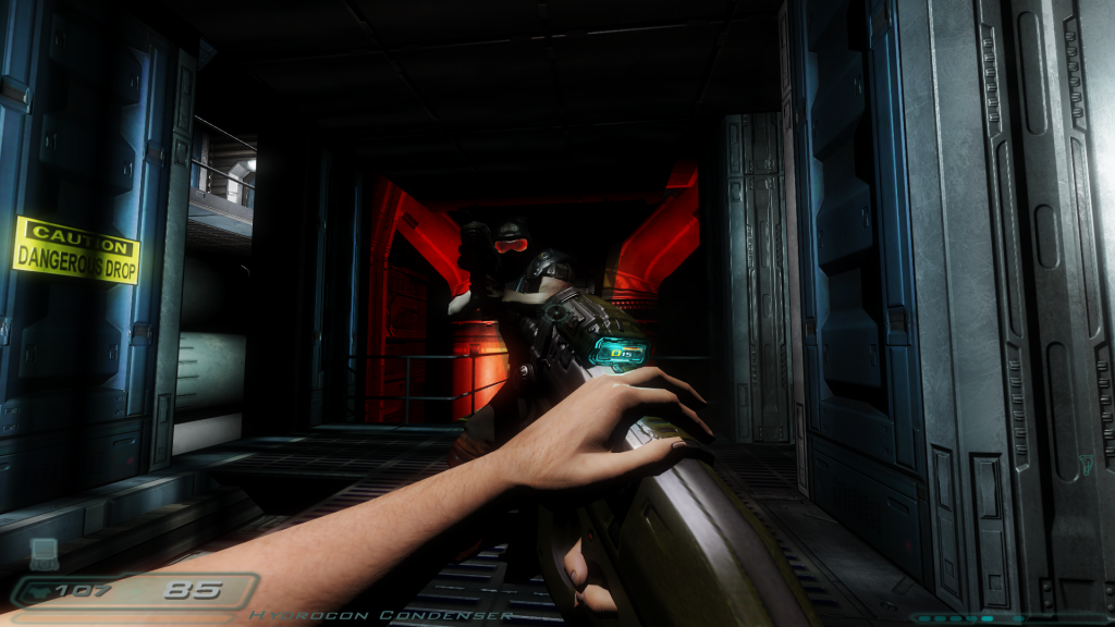 Doom 3 Gameplay An screenshot of a first person shooter: Doom 3.