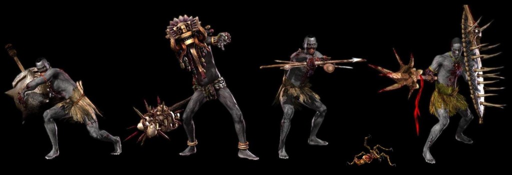 A Selecton of Resident Evil 5 Enemies A picture of four enemies that all are wearing grass skirts and carrying a variety of strange spiked weapons.